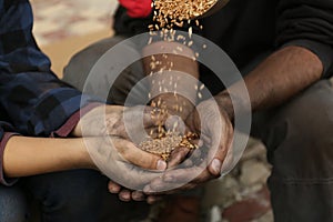 Poor homeless people taking wheat from donator outdoors photo