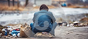 poor homeless refugee or beggar sitting on street asphalt asking for help, a concept of hopelessness
