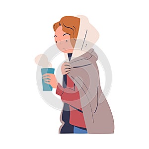 Poor Homeless Woman Drinking Hot Steaming Tea Warming Vector Illustration