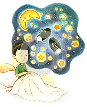 Poor Little Boy Dreaming of the New Shoes Watercolor llustration photo