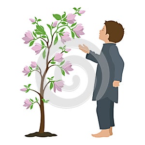 Poor little boy standing near a flowering tree. Isolated Vector Illustration