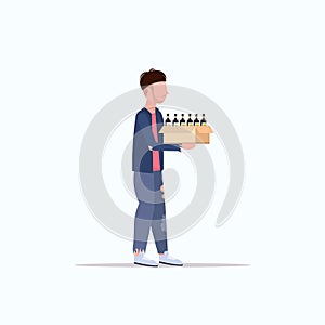 Poor man carrying box with empty bottles beggar earning money homeless jobless unemployment concept white background