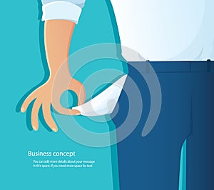 Poor man showing his empty pockets on blue background vector illustration