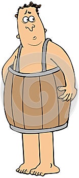 Poor man wearing only a wooden barrel