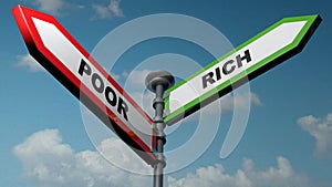 Poor - Rich street arrow signs - 3D rendering illustration