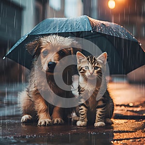 Poor sad hungry dirty homeless puppy and kitten sit in the street under umbrella in the rain. Heartbreaking image of a hopeless