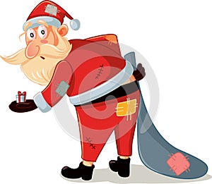 Poor Santa with Patchy Costume and Small Gift Vector Cartoon