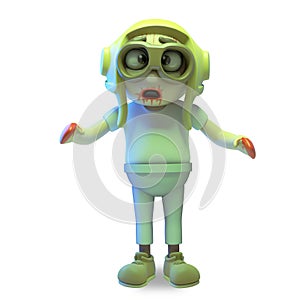 Poor undead zombie airman in pilots hat is very unhappy, 3d illustration