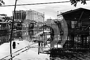 Poor Village Poverty Stricken Stilts Above Sea Ocean Low Tide Slum In Disrepair