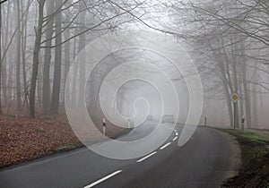 Poor visibility from fog in winter morning: View on german country road through forest with bare trees and headlights of car