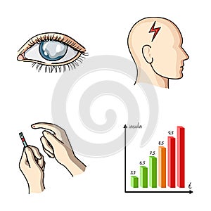 Poor vision, headache, glucose test, insulin dependence. Diabetic set collection icons in cartoon style vector symbol