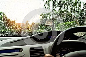 Poor vision rain drops on car glass in rainy days