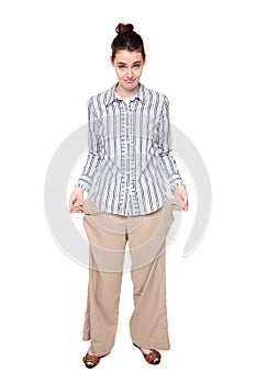 Poor - woman standing with empty pockets