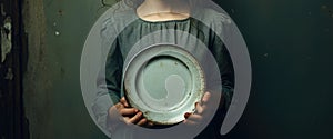a poor young girl holding a empty plate. poverty and hunger concept. beggar, begging.