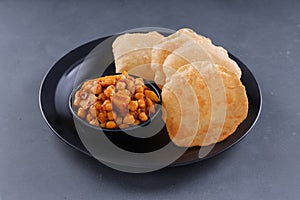 Poori with chickpea chana masala curry