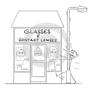 Poorly Seeing Man Hit the Streetlight in Front of Glasses and Contact Lenses Shop. Humor in Vector Cartoon Stick Figure