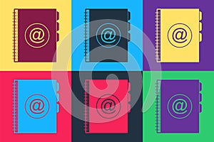 Pop art Address book icon isolated on color background. Notebook, address, contact, directory, phone, telephone book