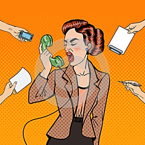 Pop Art Aggressive Business Woman Screaming into the Phone at Multi Tasking Office Work
