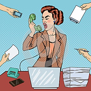 Pop Art Aggressive Business Woman Screaming into the Phone at Multi Tasking Office Work