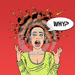 Pop Art Aggressive Furious Screaming Woman with Flying Hair and Flash