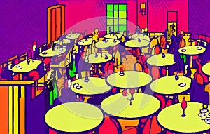 Pop art AI cartoon of busy restaurant