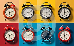 pop art alarm clocks set on half tone background Generative AI