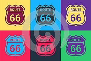 Pop art American road icon isolated on color background. Route sixty six road sign. Vector
