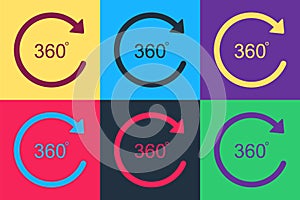 Pop art Angle 360 degrees icon isolated on color background. Rotation of 360 degrees. Geometry math symbol. Full