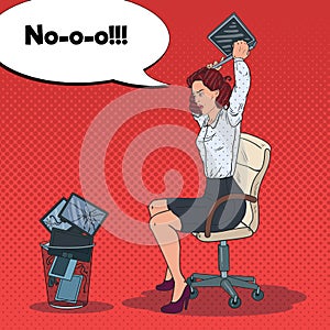 Pop Art Angry Business Woman Throwing Laptop to the Trash Bin. Stress at Work