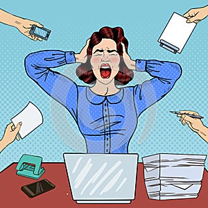 Pop Art Angry Frustrated Woman Screaming at Office Work
