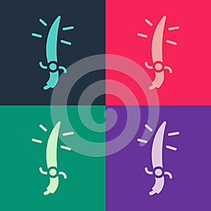 Pop art Arabian saber icon isolated on color background. Vector