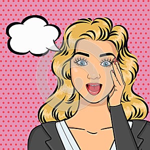 Pop art attractive business woman staring with open mouth and holding her had, good business news concept