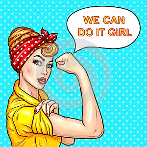 Pop art attractive confident woman housewife demonstrating her strength photo