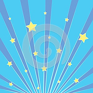 Pop art background blue. Rays of the sun, the sky with yellow stars. Imitation comics style. Vector