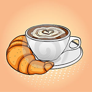 Pop art background, breakfast, coffee with cream and croissant. Raster photo