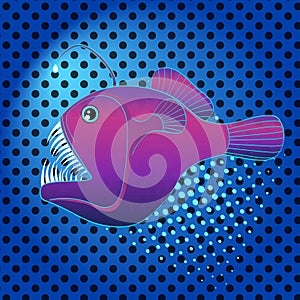 Pop art background deep sea, water fish, Lophius piscatorius. Imitation comic style, retro vector. Evil predator