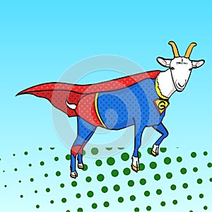 Pop art background. Flies Goat Animal Dressed As Superhero With clothes Vigilante Character. Comic style, raster photo