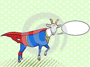 Pop art background. Flies Goat Animal Dressed As Superhero With clothes Vigilante Character. Comic style, vector text