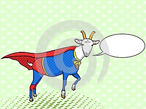 Pop art background. Flies Goat Animal Dressed As Superhero With clothes Vigilante Character. Comic style, vector text photo