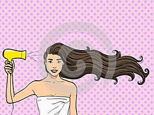 Pop art background. A girl with long hair dries a hairdryer. Advertising of shampoo. vector