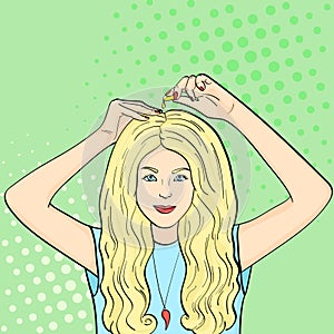Pop art background. The girl uses capsules to nourish and strengthen the hair, scalp and nails. Vector