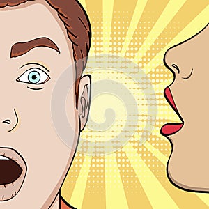 Pop art background, imitation of comics. A girl whispers in his ear guy, seducing a man, a secret. Vector photo