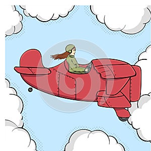 Pop art background, imitation of comics. Military girl flies on the old plane. Sky and clouds. Vector