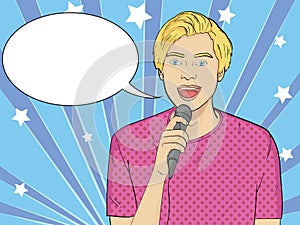 Pop art background. Imitation of comics style. The guy sings into the microphone in karaoke, showman, singer. Vector
