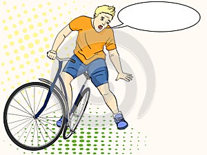 Pop art background. The man is falling off the bicycle. Emotion funk, pain, vector text bubble