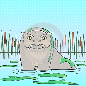 Pop art background, natural landscape, marsh. Bunyip, an animal from the mythology of the Australian Aborigines. Vector