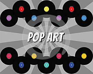Pop art background with rays and vinyl disks. Vintage poster of vinyl player record. Vector retro music template banner