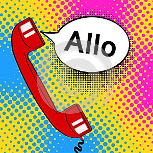 Pop art background red old phone handset and speech bubble with