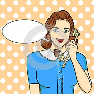 Pop art background. Retro girl, brunette talking on old phone. Comic style, vector text, bubble