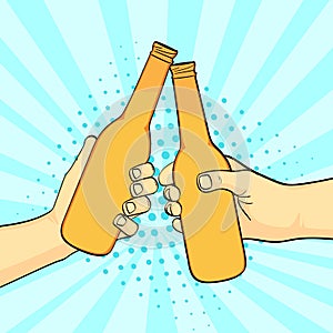 Pop art background, summer color. Two friends knock a bottle of beer. Two beers. Imitation comic style. Raster